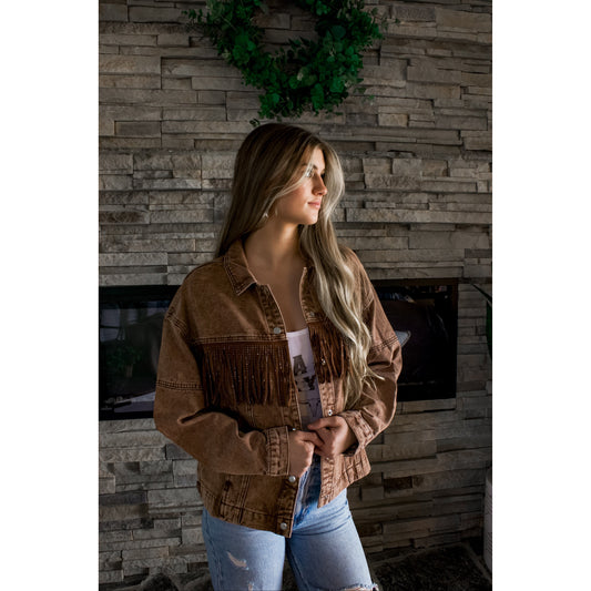 Mocha Rhinestone Fringe Jacket