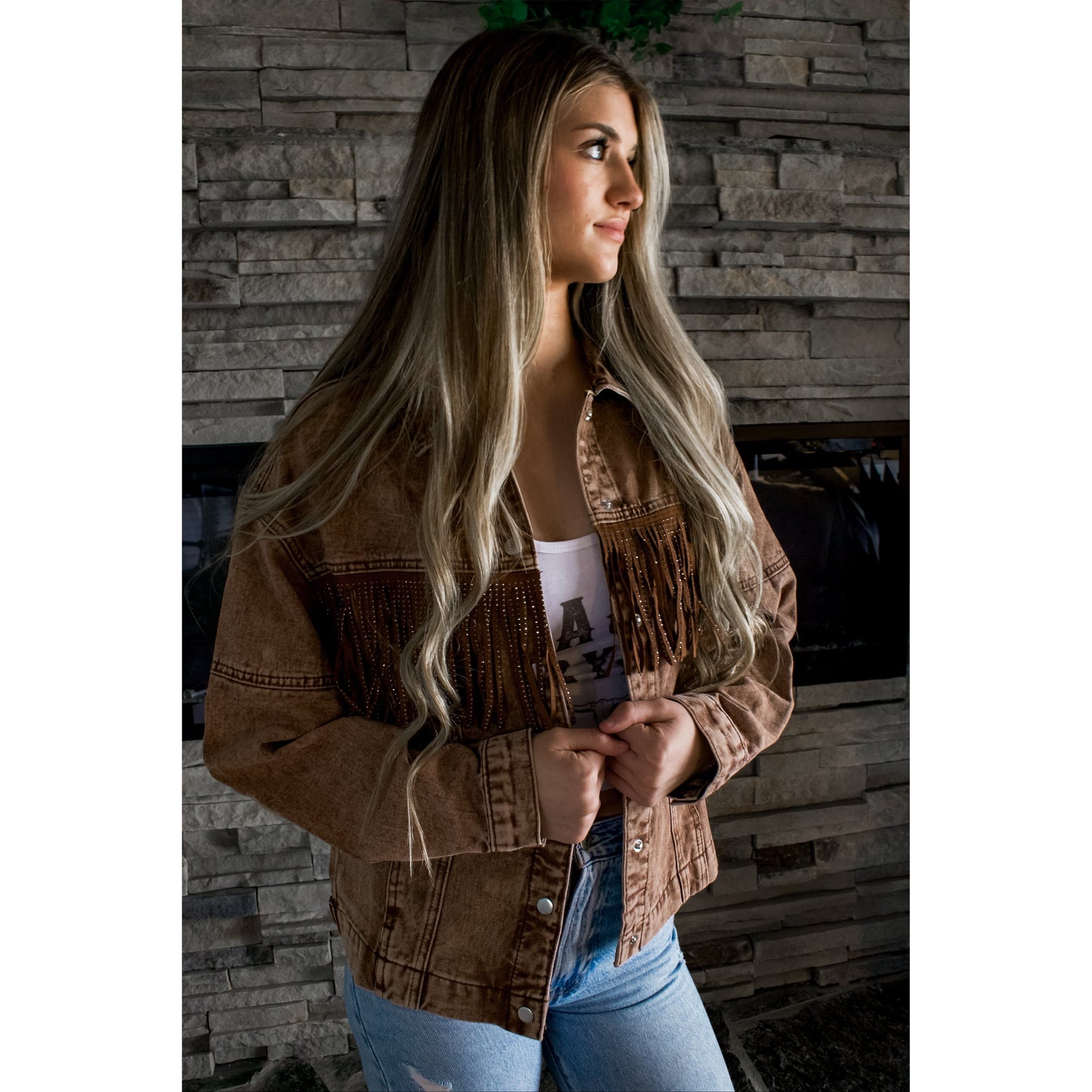 Mocha Rhinestone Fringe Jacket