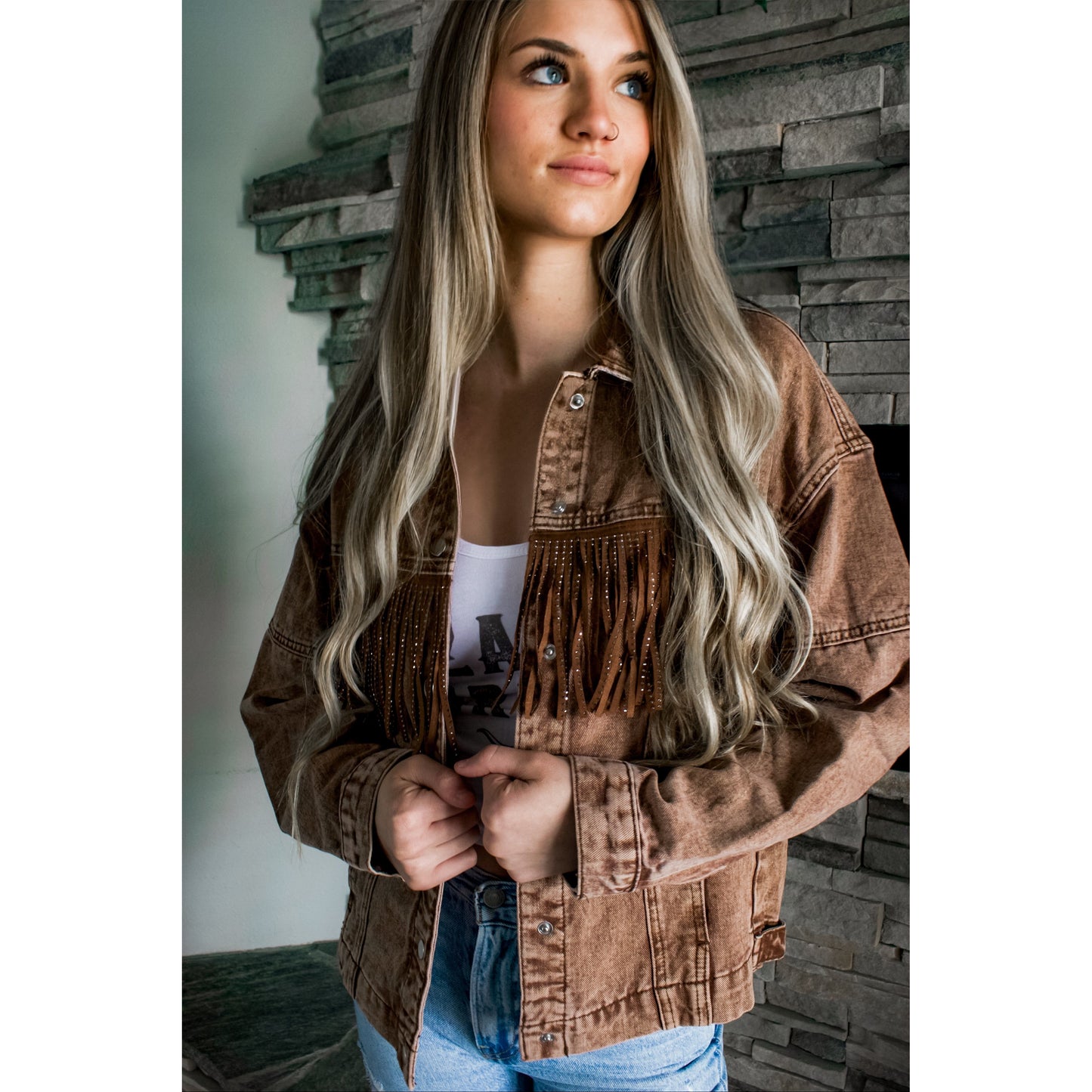 Mocha Rhinestone Fringe Jacket